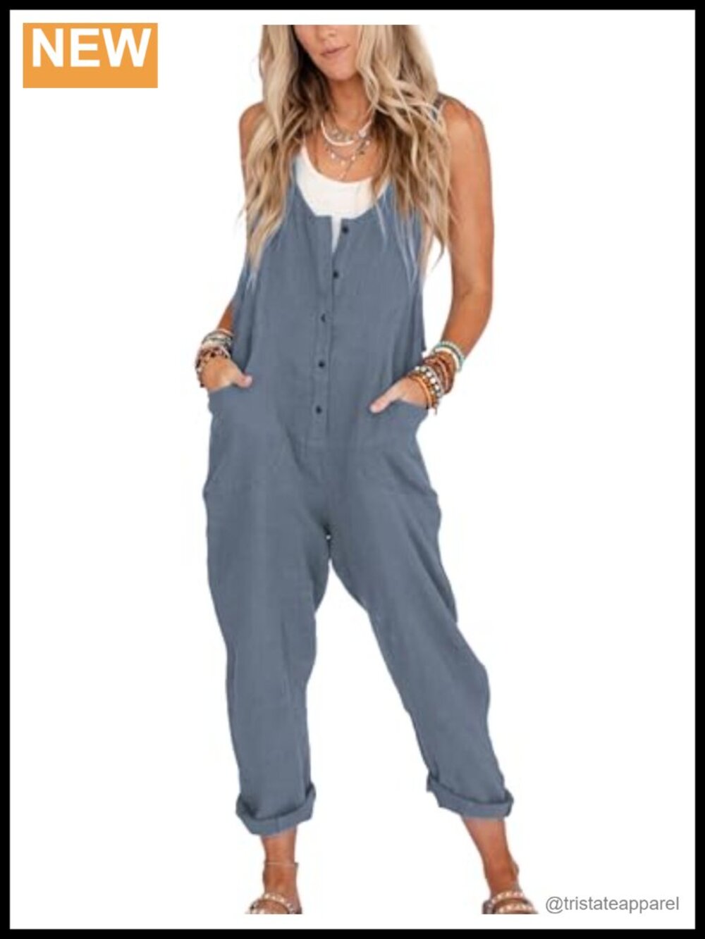 Cotton Linen Overalls Scoop Neck Button Front Adjustable Straps Pockets Casual